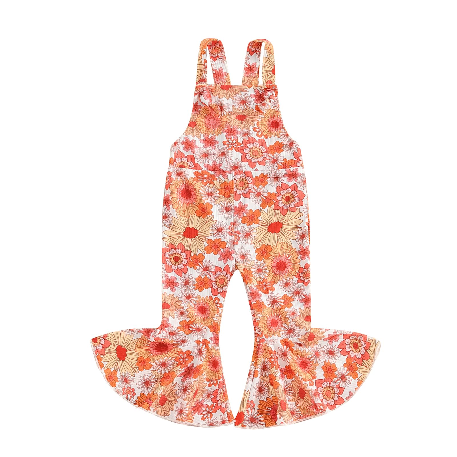 Youweixiong Toddler Baby Girl Bell Bottom Romper Floral Sleeveless Ribbed Flare Jumpsuit Overalls Pants One Piece Outfit Summer Clothes (Orange, 12-18 Months)