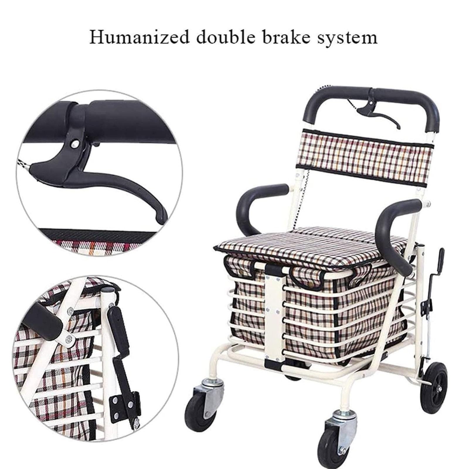 Rollator De 4 Ruedas, Carrito Compra Andador con Asiento Y Frenos Carrito Andador Ancianos Ligero Plegable White