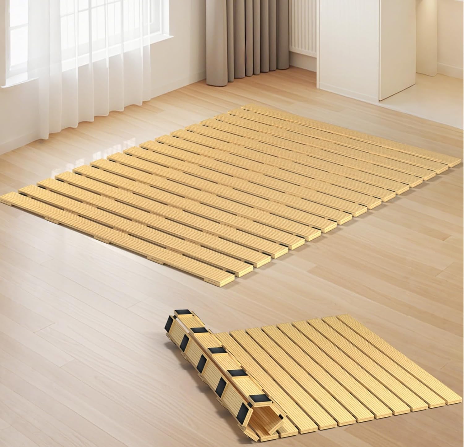 Size twin Japanese Tatami Mat Floor Bed, Knotless Solid Wood, Roll-Up Slatted, Bed Plate with 2 Storage Straps, Moisture-Proof and Breathable for Floor Sleeping or Futon Mattress, Twin