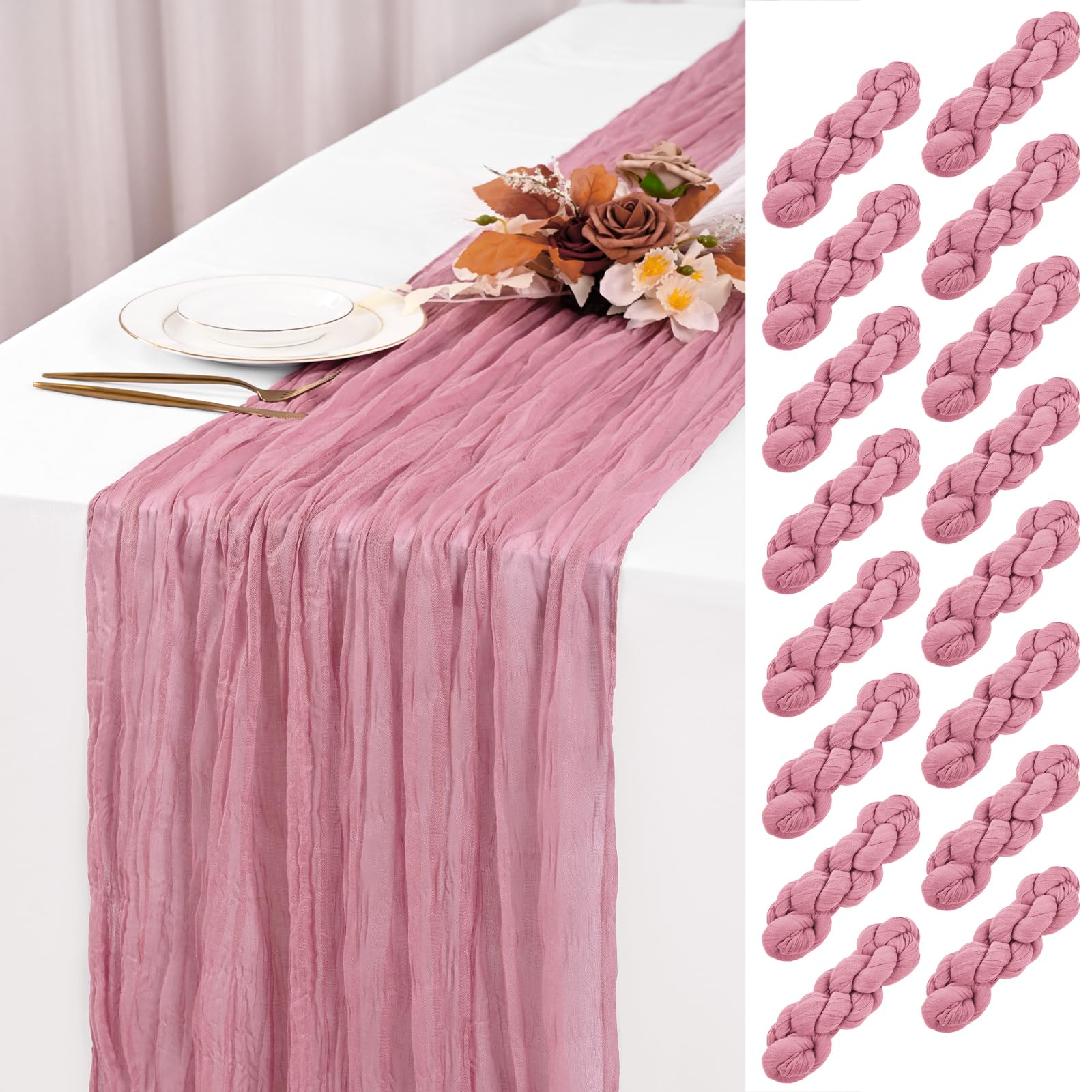 16 Pack Dusty Rose Cheesecloth Table Runner 120 Inch 10FT Spring Boho Rustic Sheer Gauze Cheese Cloth Table Runner for Wedding Baby Shower Birthday