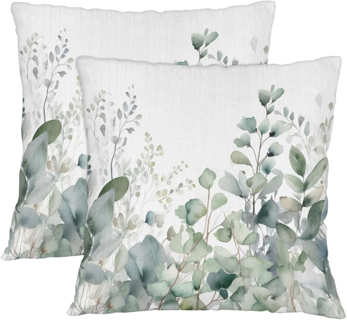 Sage Green Eucalyptus Pillow Covers 14 x 14 Inch Set of 2, Throw Pillow Covers Set Cushion Case Decorative Square Linen Pillowcases for Sofa Bed Couch Living Room Car