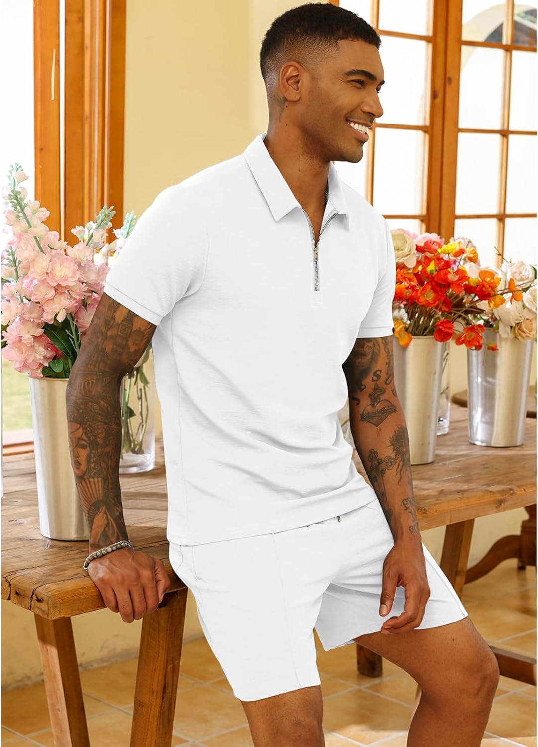 Mens 2 Piece Zip Tracksuit Short Sleeve Printed Polo Shirt and Shorts Pants Sets Summer Casual Outfits for Men - Image 3