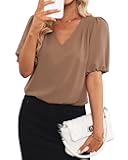 GRAPENT Business Casual Tops for Women Work Blouses Dressy Short Puff Sleeve Office Pleated V Neck Trendy Summer Blouse