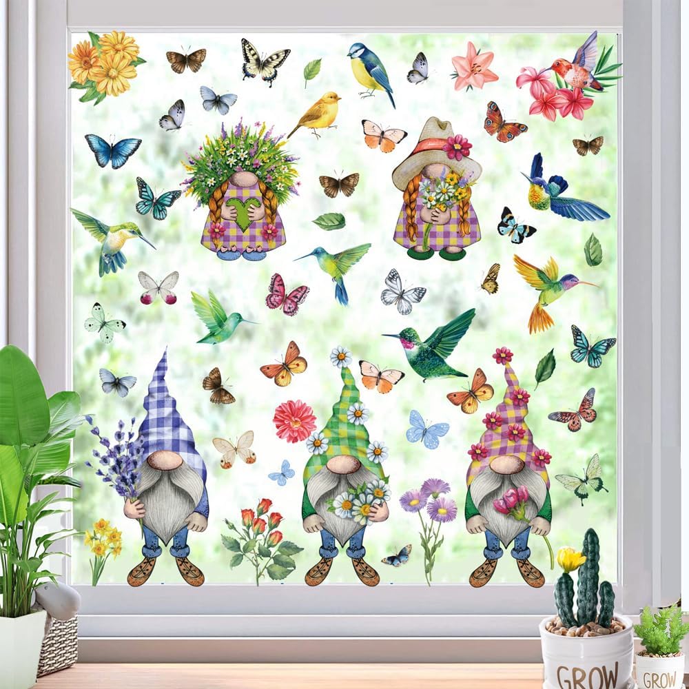 Spring Summer Window Clings Decals for Glass Windows Decorations Flower Bird Butterfly Stickers 9 Sheet Double-Sided Home School Office Party Art Decor Supplies