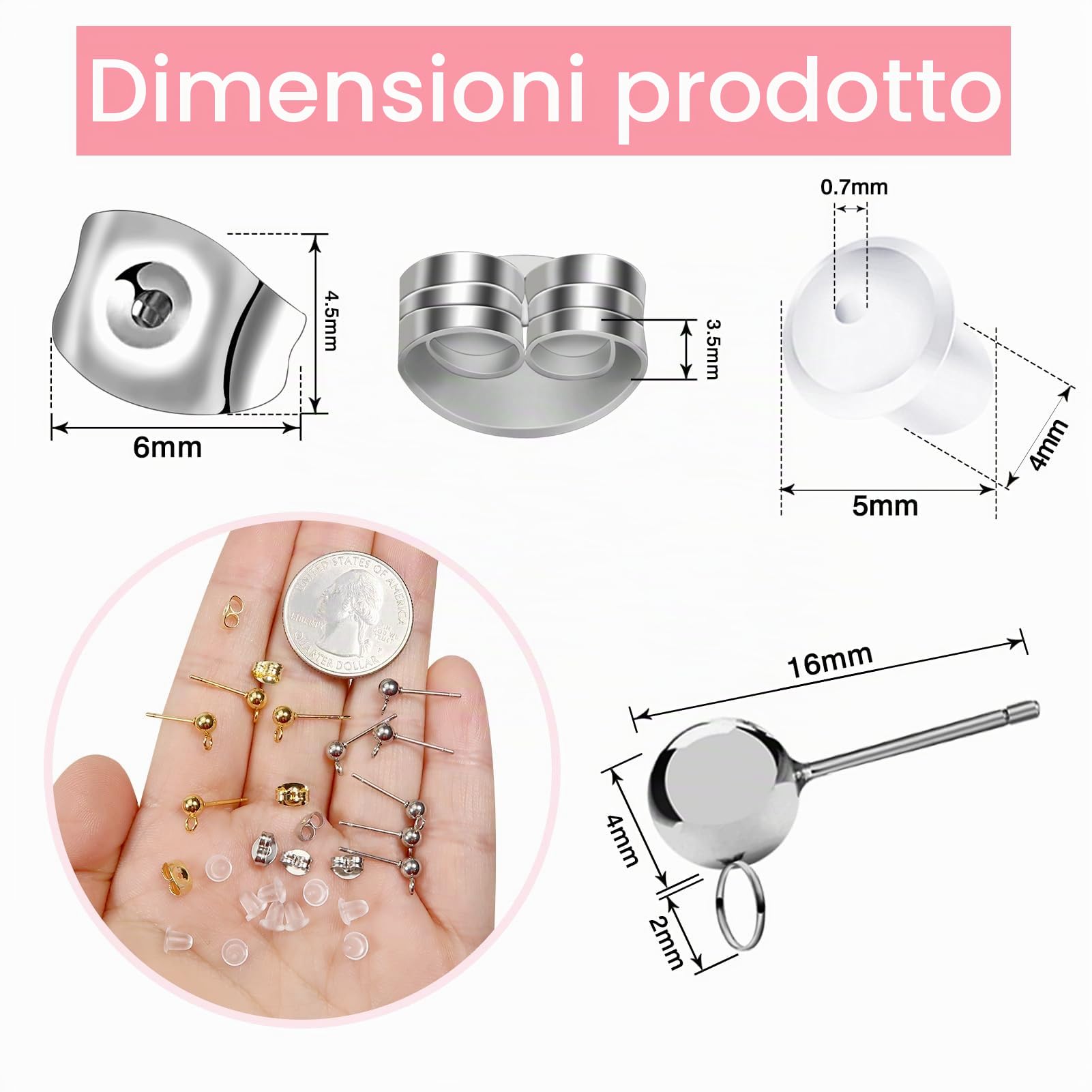 Basi per Orecchini in Acciaio Inox 4mm Anallergici con Palla Perni e Connettore, 140 Pezzi per Creazione Gioielli Fai da Te
