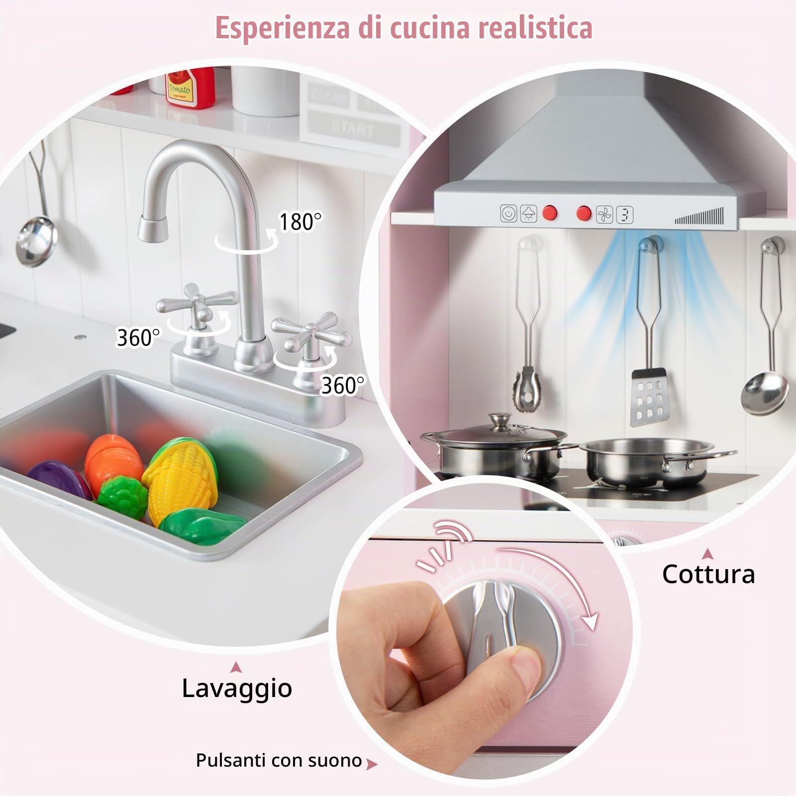 FANTASK Cucina per bambini con accessori da gioco, cucina in legno con cappa aspirante e lavatrice e suoni e luci reali, set da gioco per bambini dai 3 anni in su, rosa (71 x 29 x 101 cm)