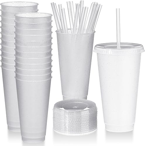 Dandat 24 vasos de plástico con tapa y pajita, vasos reutilizables de 24 onzas, vaso de café helado con purpurina a granel, taza de viaje para niños disponible en Yaxa Peru