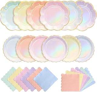 72 Pcs 24 Guests Iridescent Pastel Party Plates and Napkins | Rainbow Scalloped Paper Plates Napkins, Disposable Tableware for Summer Camping Bridal Shower Wedding Birthday Party Supplies