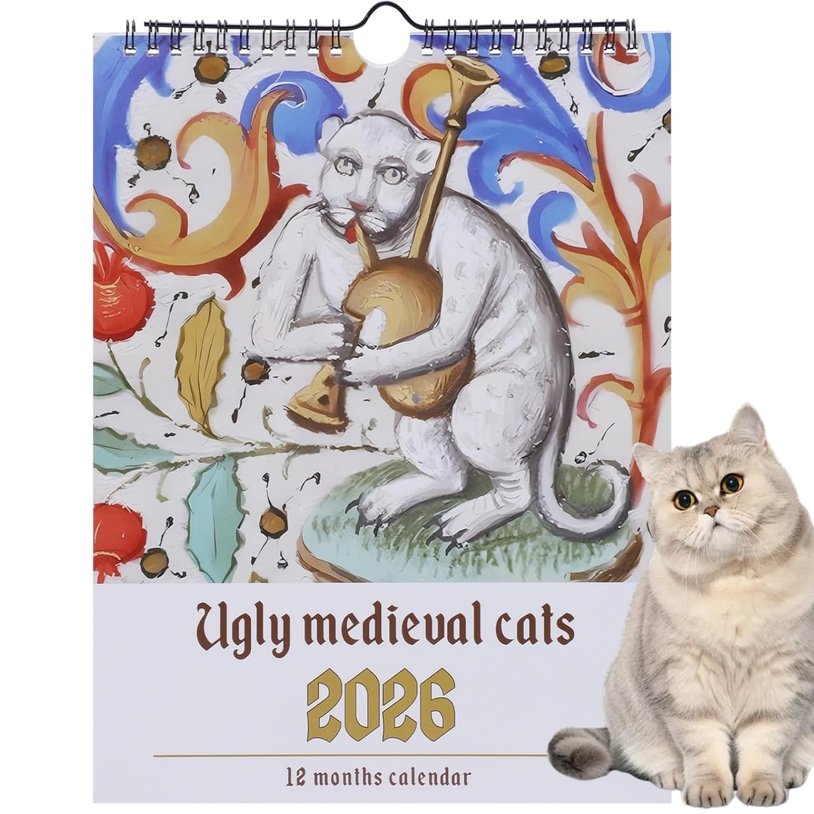 Medieval Weird Cat Calendar 2026,Funny Wall Calendar 2025-2026,12 Month Large Family Planner with Art Deco Style,Unique Cat Themed Gift for Home,Office&School,Gag Gift for Wall Art&Gag Humour