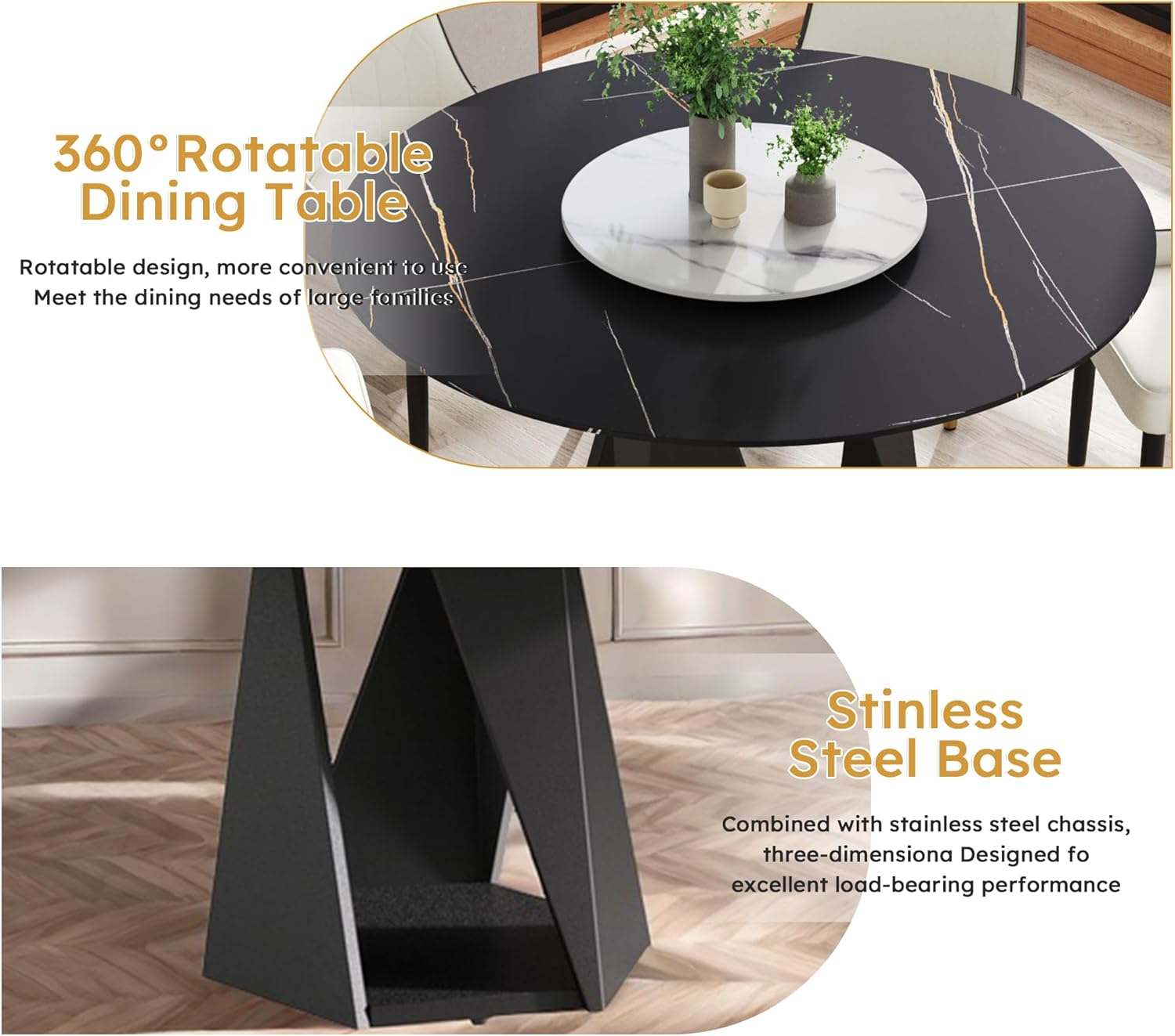 Leavader 7-Piece Dining Table Set - 53" Round Dining Tabletop with Rotating Tray, 1 Faux Marble Dining Table & 6 PU Leather Chairs, Morden Round Stone Dining Room Set for 4-6 (Black)