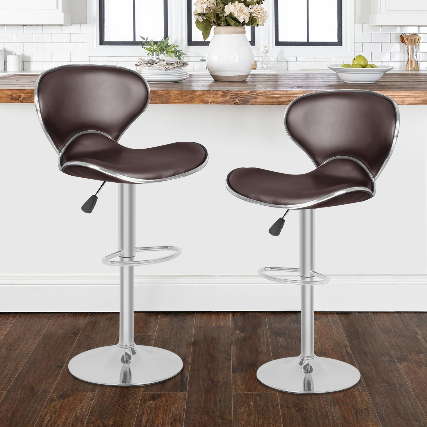 Dopinmin Set of 2 Bar Stools Modern PU Leather Height Adjustable Swivel Barstool Hydraulic Island Bar Stools Armless Kitchen Counter Bar Chairs with Back and Footrest,Brown