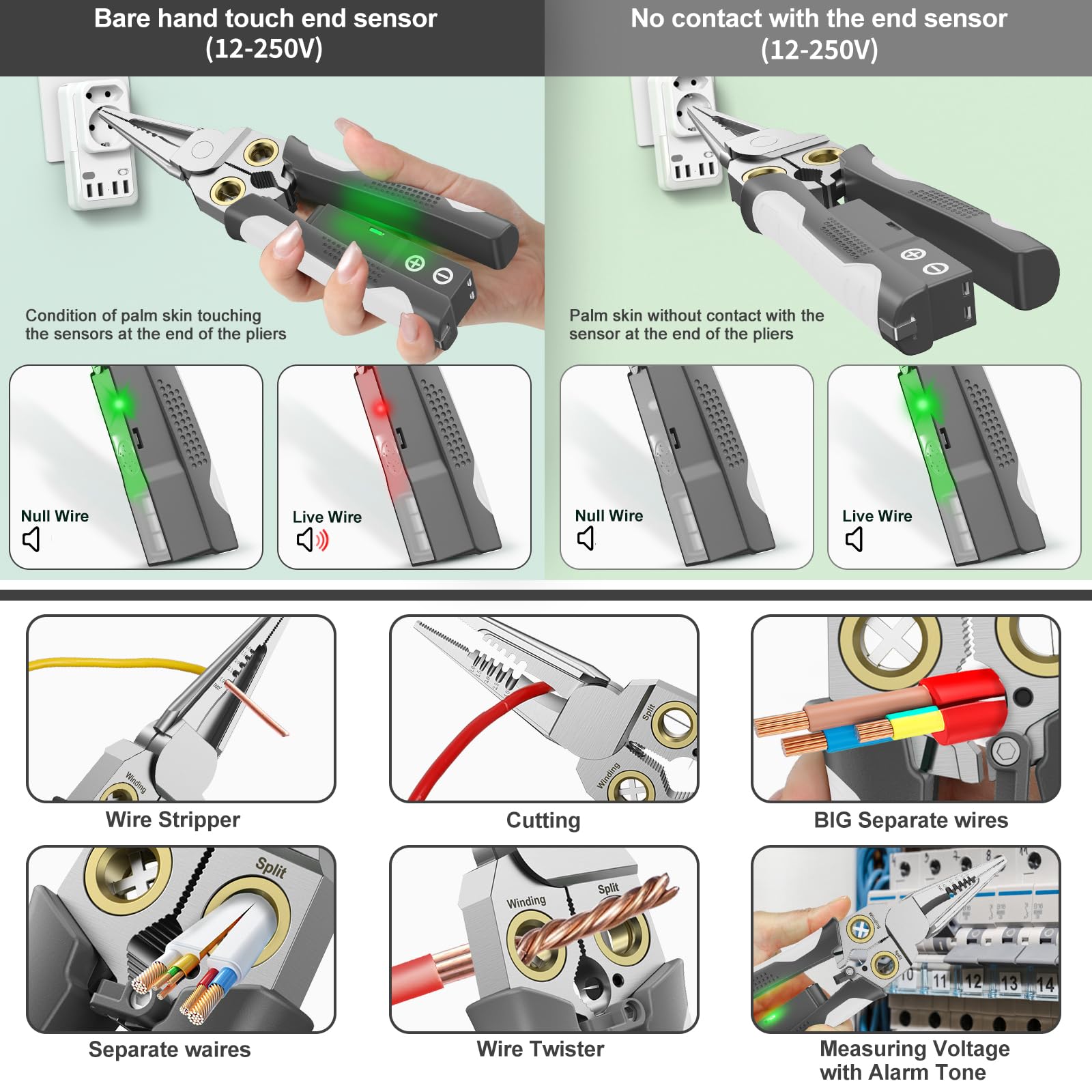 GADO Pro 8-in-1 Wire Stripper/Cutter with Voltage Tester & Dual Alarms - Heavy Duty 12-250V AC/DC Electrical Tester for Hot/Neutral Wires - Electrician, HVAC, Car Repair Tool (Gray) — Amazon image 2
