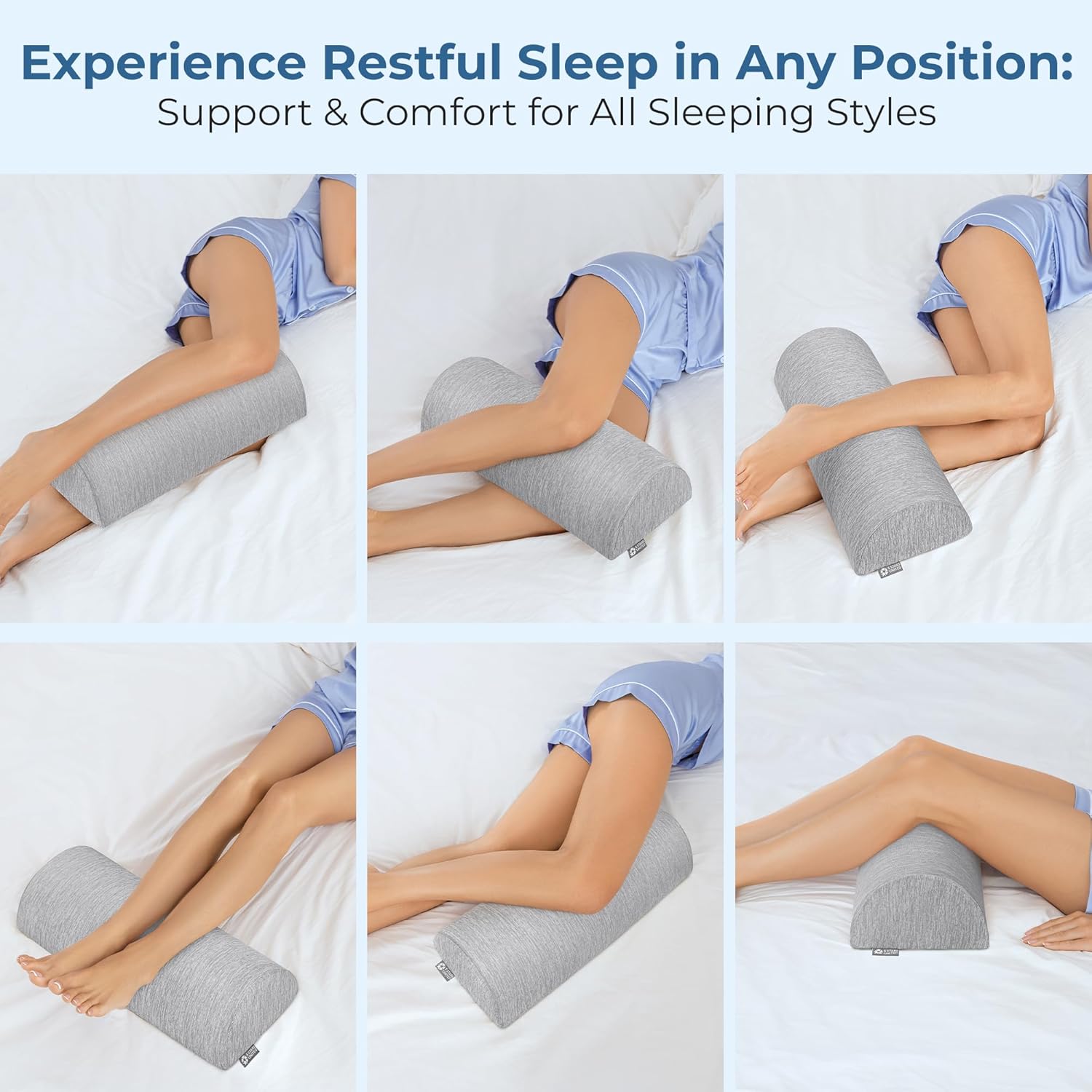 5 STARS UNITED Half Moon Bolster Semi-Roll Pillow, Cooling Cover and Knee Pillow for Side Sleepers - Bundle, 100% Memory Foam