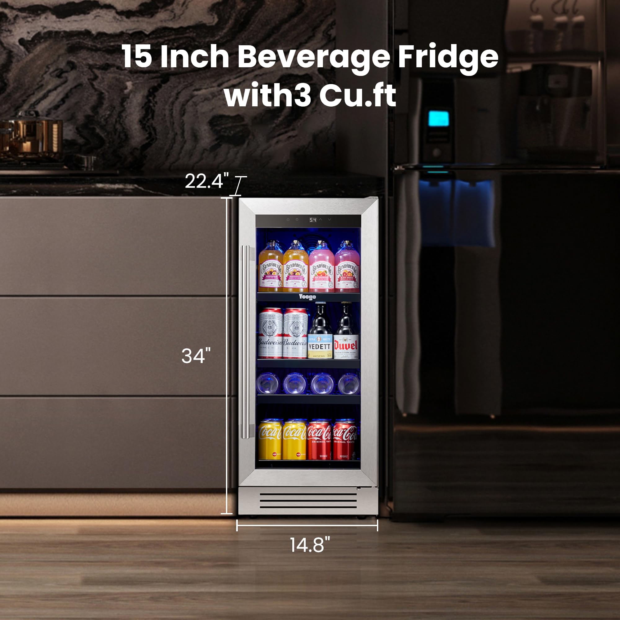 YEEGO 15 Inch Beverage-Refrigerator, Beverage Cooler Stainless Steel Refrigerator Built-In Or Freestanding, Small Wine Fridge With Glass Door, Drink Fridge For Beer, Soda, Wine on Fridge.com - View 6