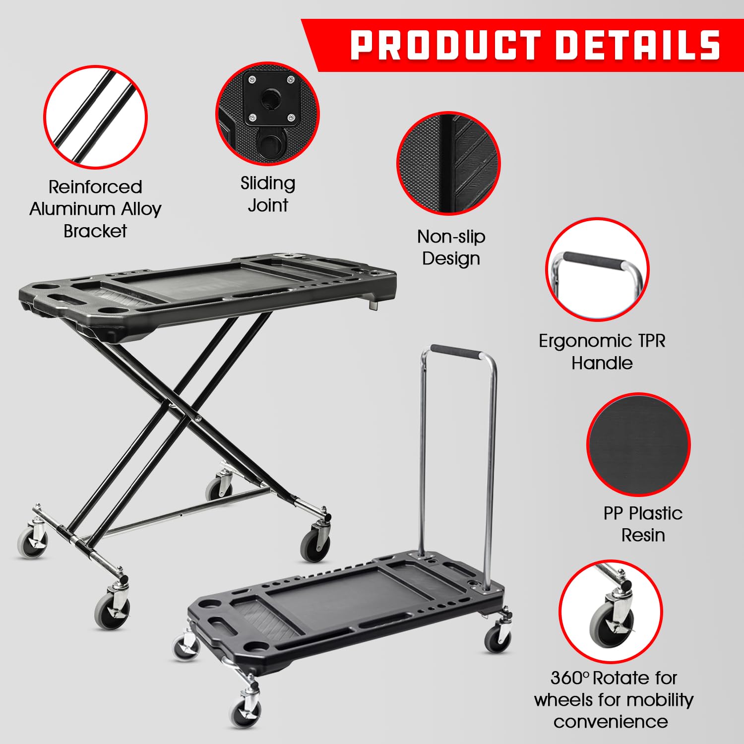 Powerbuilt Adjustable Work Table with Tool Holders and Convertible Dolly Function, Multi-Use, Home, Garage, Worksite - 642928ECE, Black