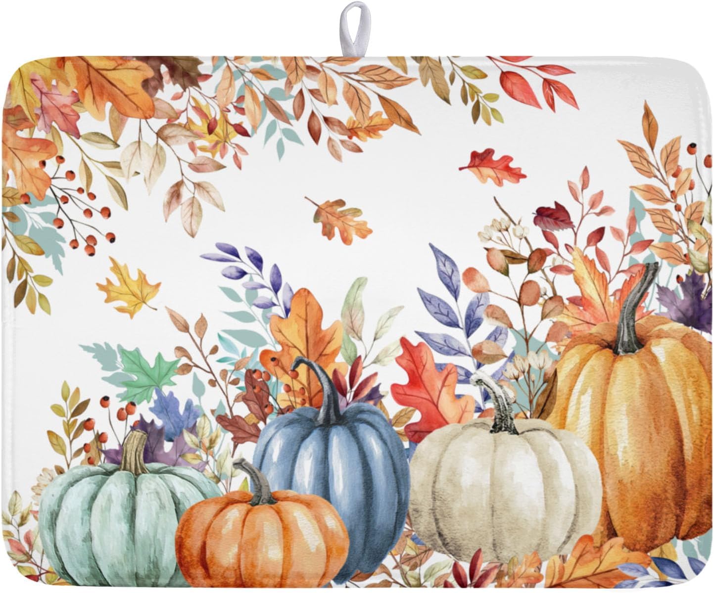 Fall Orange Blue Pumpkin Leaves Dish Drying Mat For Kitchen Counter Autumn Maple Leaf Thanksgiving Harvest Fast Dry Microfiber Absorbent Large Dish Draining Mat Reversible Dishes Pad 18x24 Inch