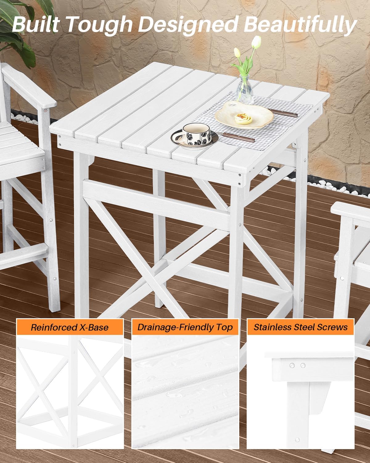 5 Pieces Adirondack Bar Chairs Set, HDPE Patio Bar Height Table and Chairs, Tall Adirondack Outdoor Bar Stools Set, HDPE Patio Bar Sets Furniture for Garden, Poolside, Bistro, Pearl