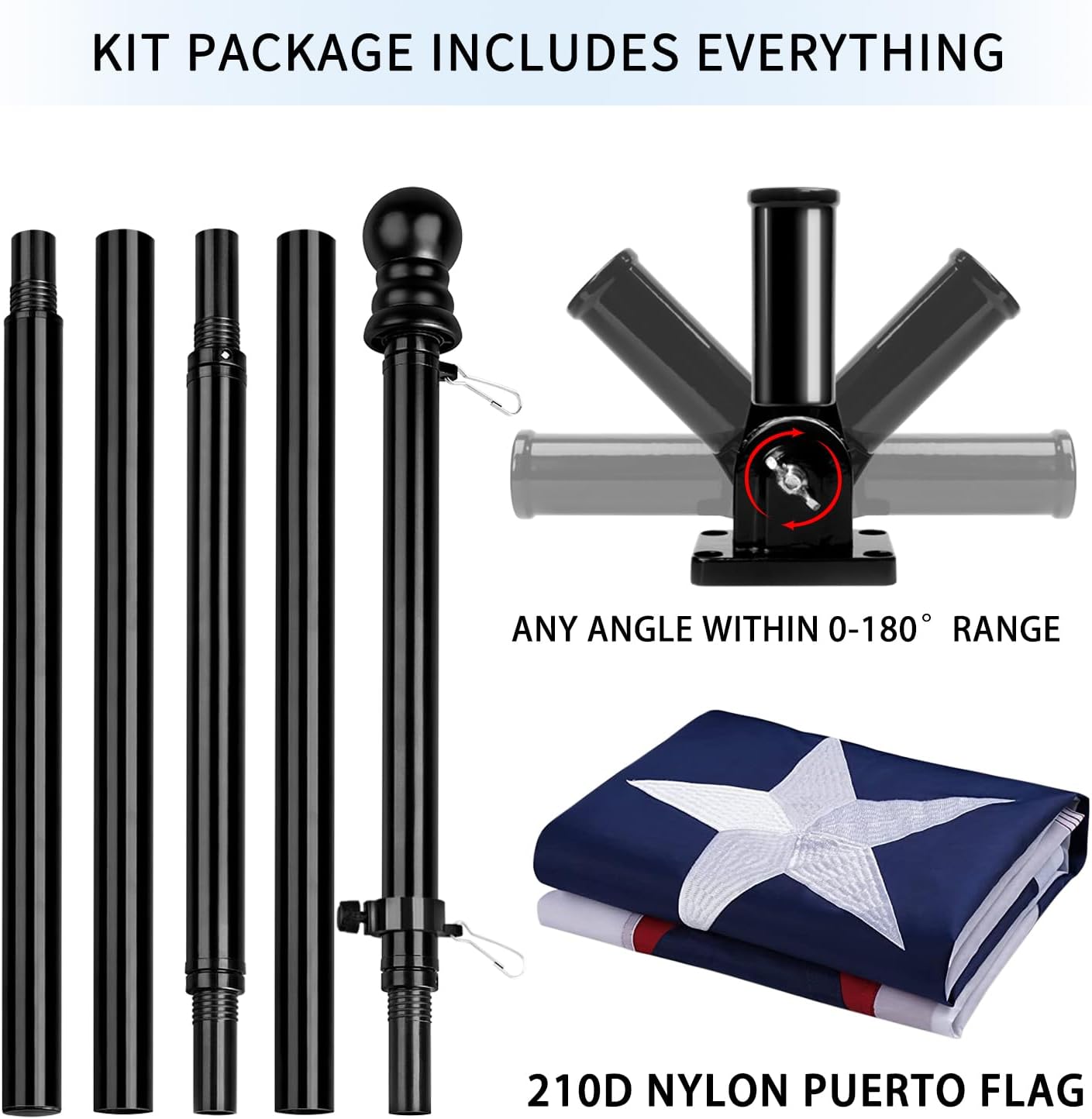 Puerto Rico Flag with Poles for Outside House, 6ft Aluminum No Tangle Spinning Flag Pole, 180° Multi- Position Mounting Bracket, 3x5 ft Nylon Puerto Rican Flag, Wind Resistant Rust Free Kit (Black)