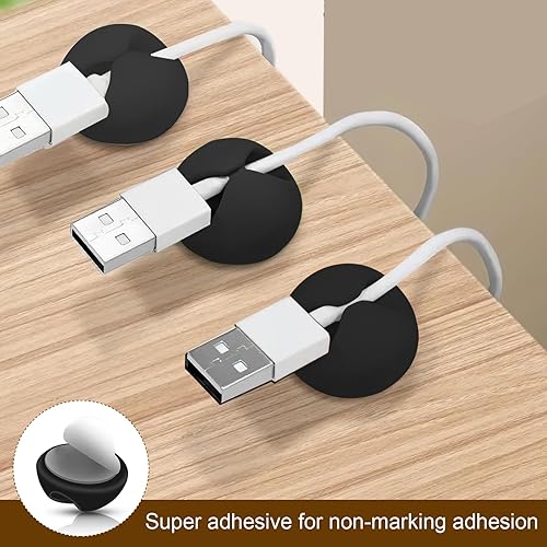 Miniatura 5 de Organizador de cables, paquete de 6 soportes de silicona para organizar el escritorio, mesita de noche, cargador de teléfono para automóvil (negro)