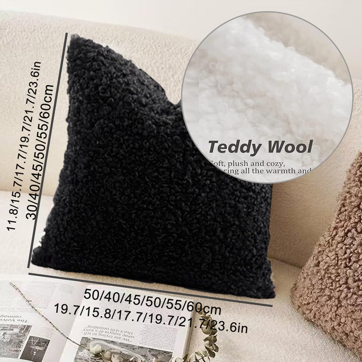Throw Pillow Covers Set of 2, Faux Wool Teddy Boucle Textured Accent Pillows for Living Room Sofa,Modern Home Decor,Black,20" x 20"