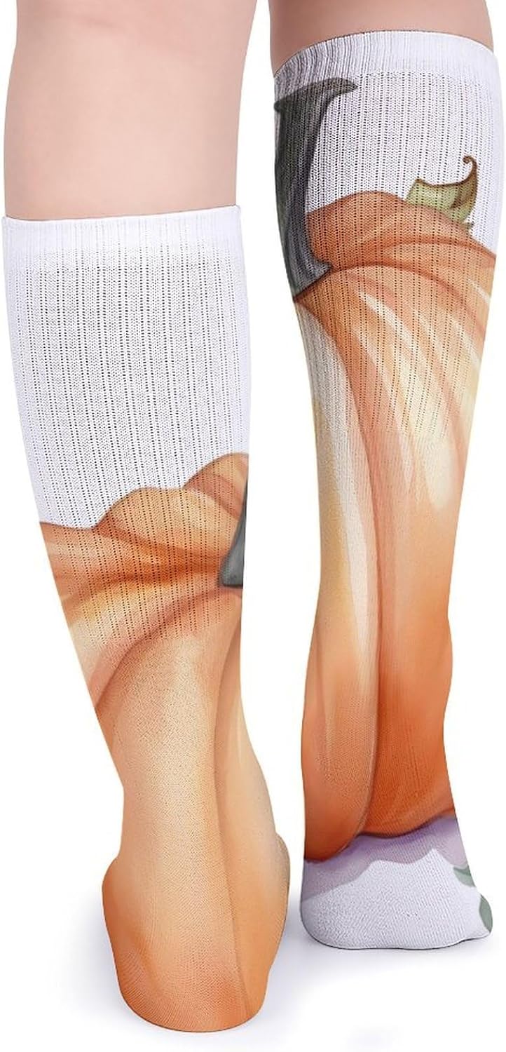 Breathable Crew Sock, Moisture Wicking, Athletic Calf Socks, Cozy | Fall Watercolor Pumpkins Compression Socks for Women Men, Lightweight High Work Socks for Business, Casual