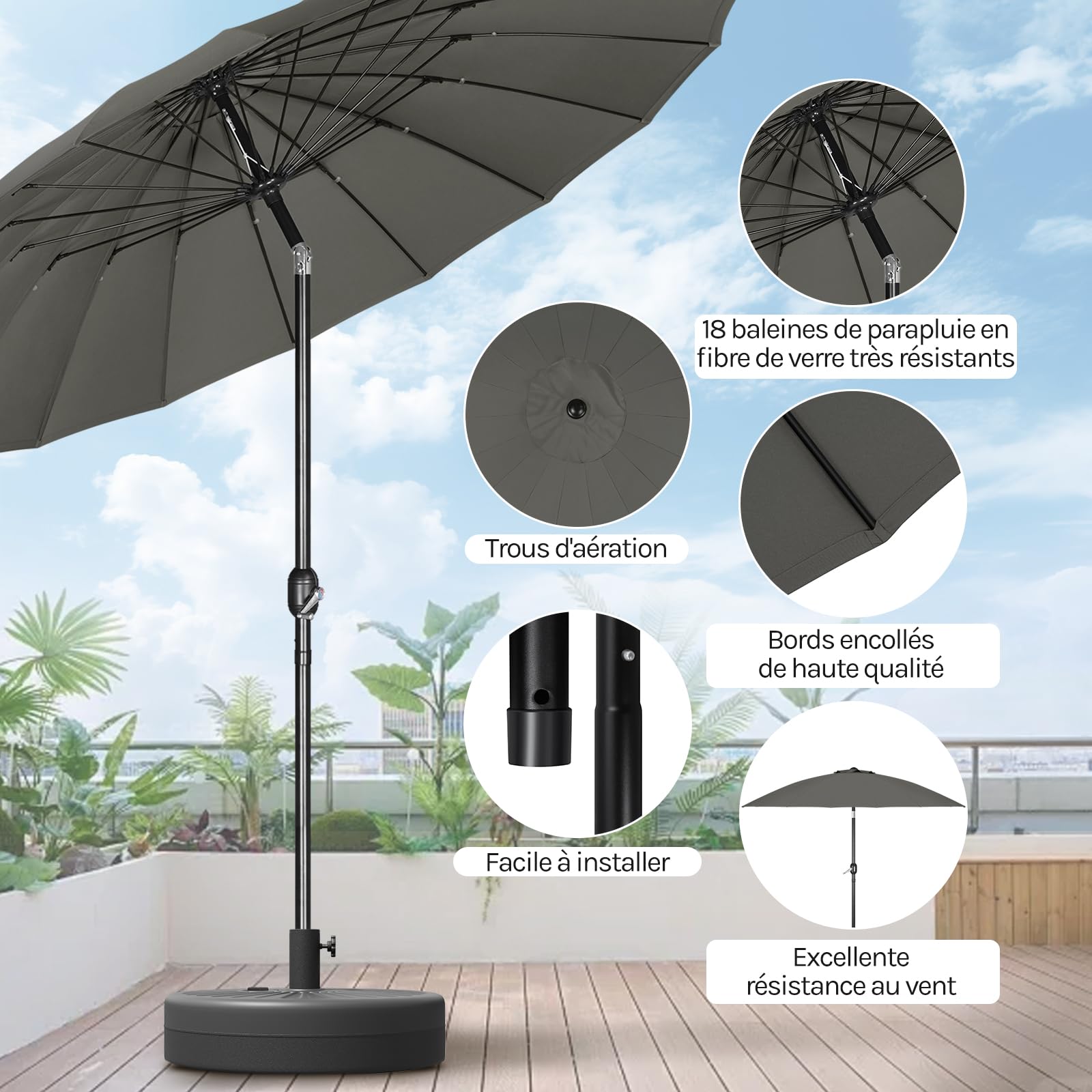 WOLTU Parasol de Jardin Rond ø 257/273 cm, Parasol Inclinable avec Manivelle, Parasol de Balcon avec 18 Baleines en Fibre de Verre, pour Balcon, Terrasse, Patio, Piscine, Gris Foncé