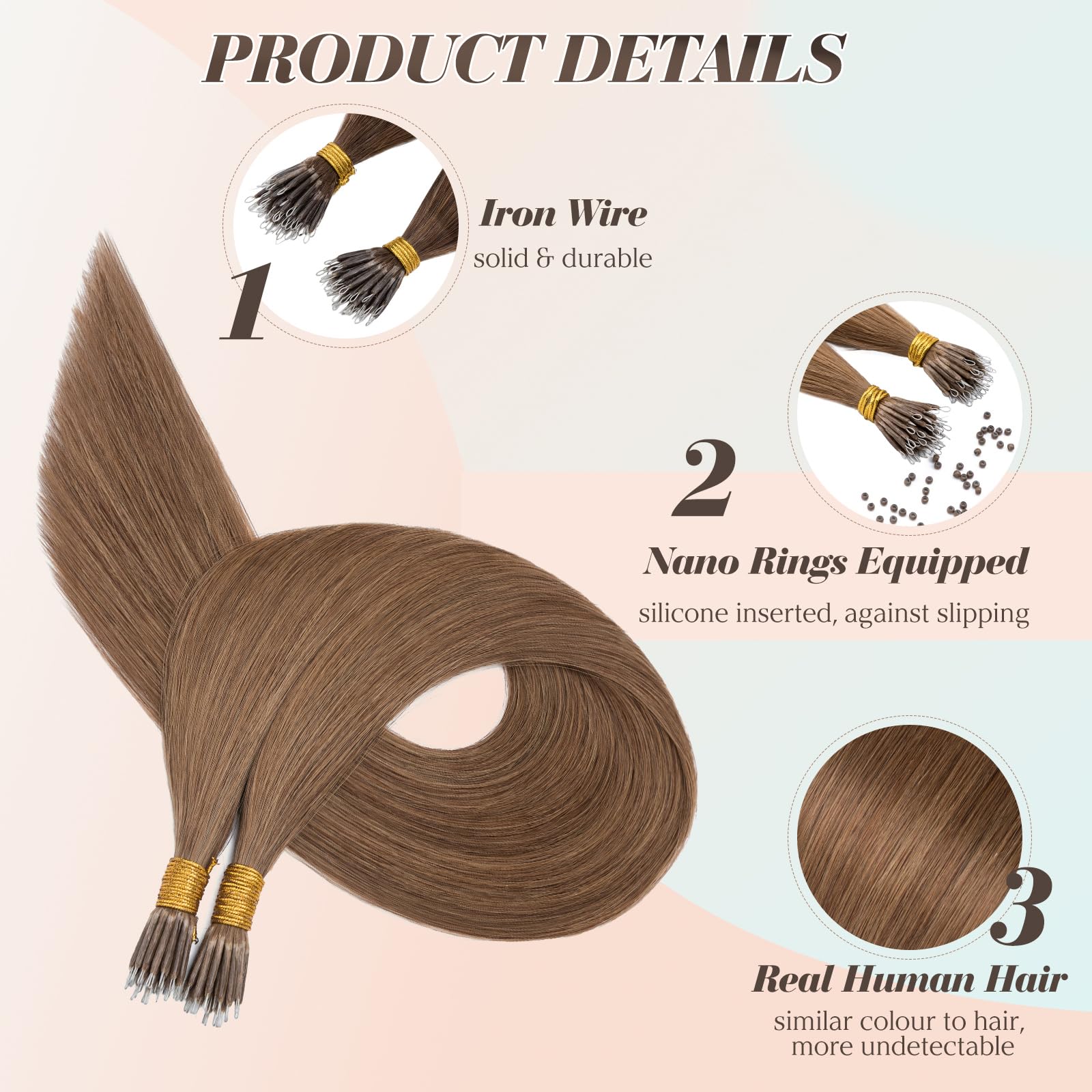 Benehair Nano Beads Hair Extensions Straight Remy 50g #6 Light Brown Real Human Nano Hair Extensions Invisible 14 Inches - Image 3