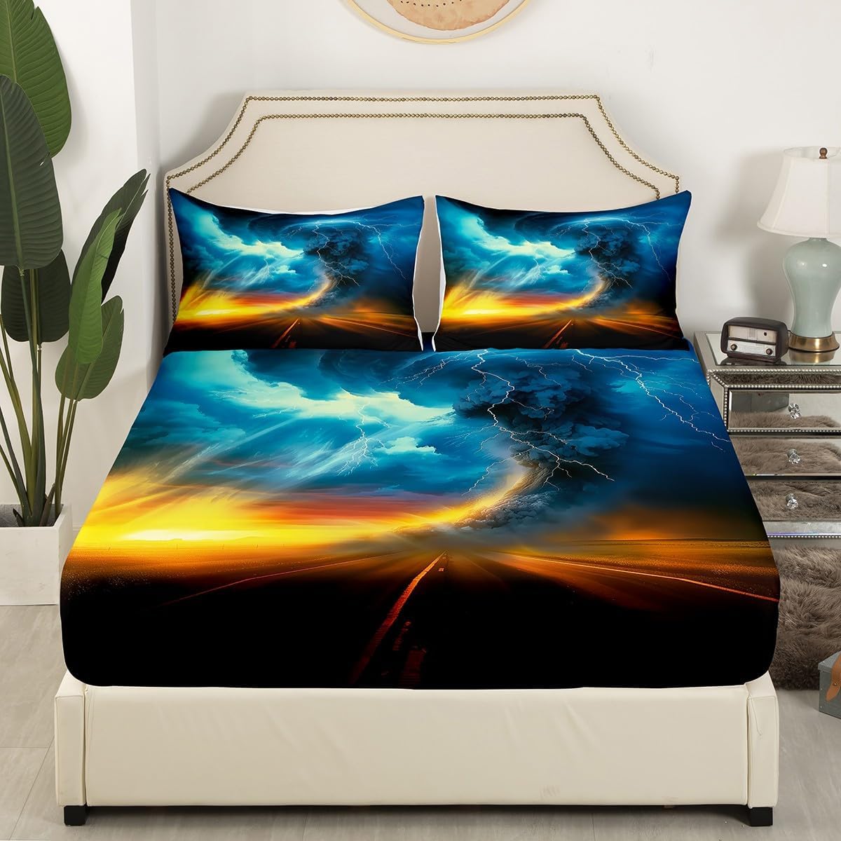 Erosebridal Tornado Fitted Sheet Full Size,Lightning Bedding Set with Deep Pocket,Orange Blue Nature Bed Sheets,Natural Disaster Sheets Highway with Tornado Design 3Pcs(1 Fitted Sheet,2 Pillowcases)
