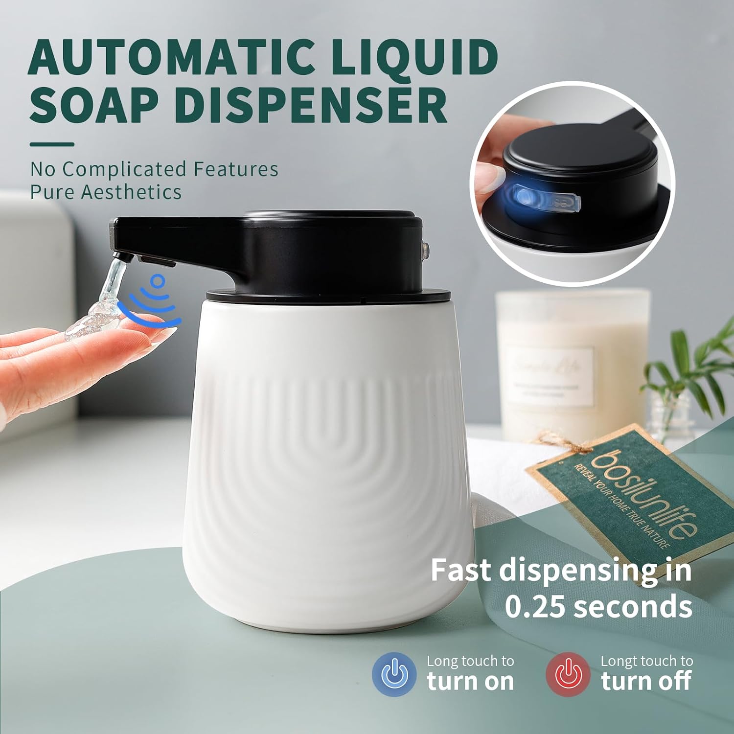 BosilunLife Ceramic Automatic Soap Dispenser,3 Adjustable Levels,White,10oz image 2