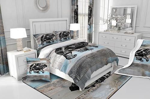 Miniatura 4 de Juego de funda de edredón de oso tamaño Queen, estilo rústico de granja, funda de edredón de madera de cabaña gris y azul, juego de cama de madera