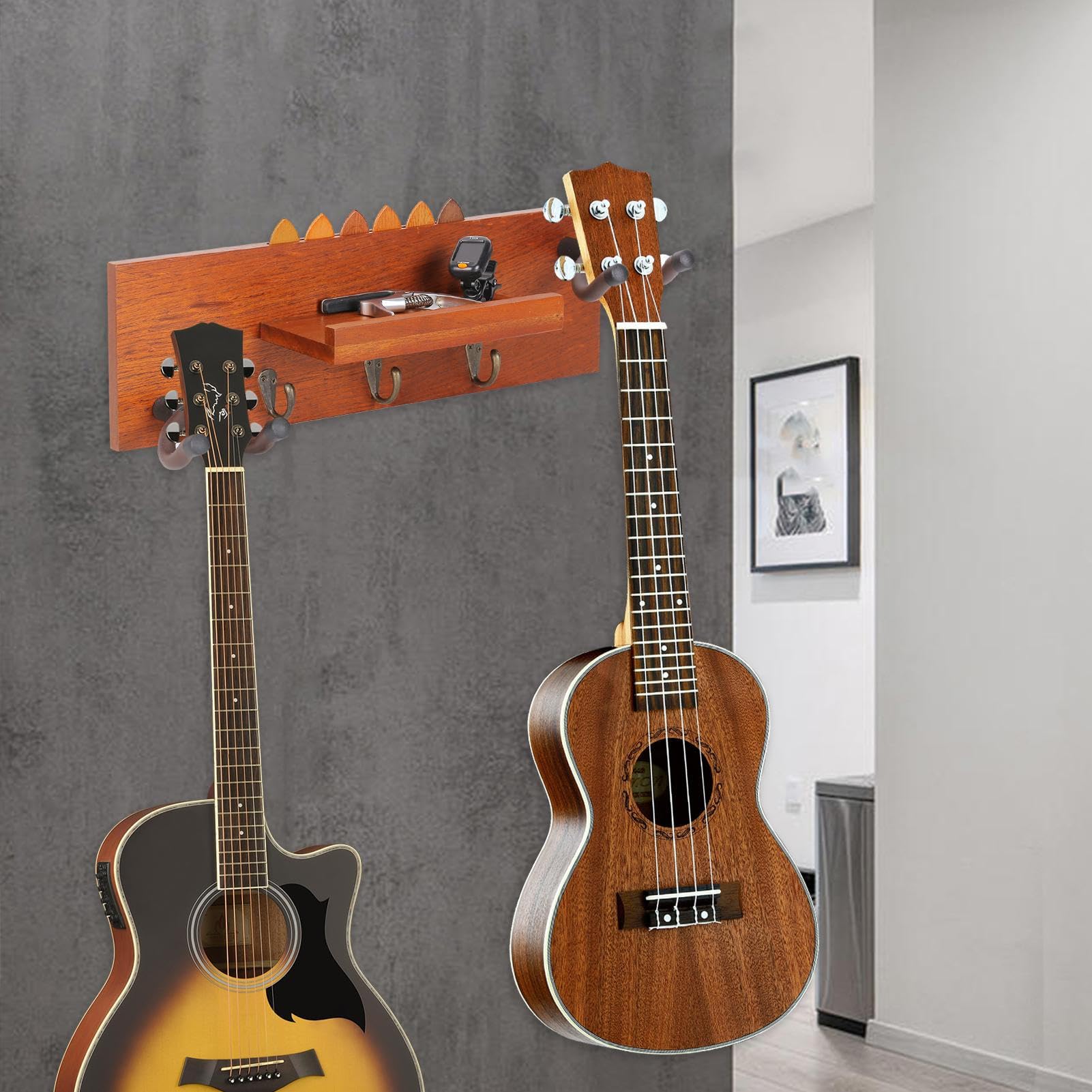 Wieszak Ścienny Na Gitarę - Drewniana Półka Ścienna Do Przechowywania Instrumentów | Półka Organizer Na Ukulele I Bas Z Dużą Pojemnością Do Salonu I Studia Muzycznego