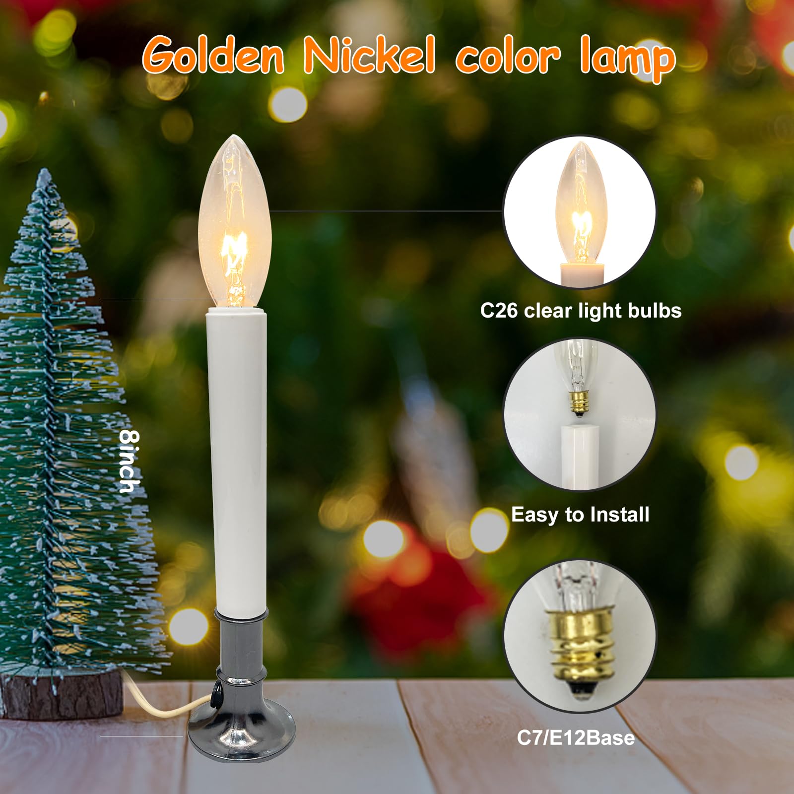 Pallerina Electric Candles for Windows,Plug in Electric Christmas Candles Lamp with Nickel Plated Base,C26 Clear Lights Bulb for Christmas Party Decorations Wedding Decor Table,4 Pack