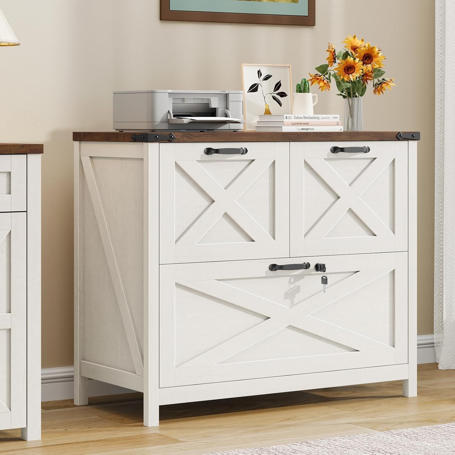 Vabches Lateral File Cabinet with 3 Drawers, Farmhouse File Cabinet with Lock for Letter/A4/Legal Size Hanging Files, Wood File Storage Cabinets Printer Stand for Home Office Cabinets, Rustic White