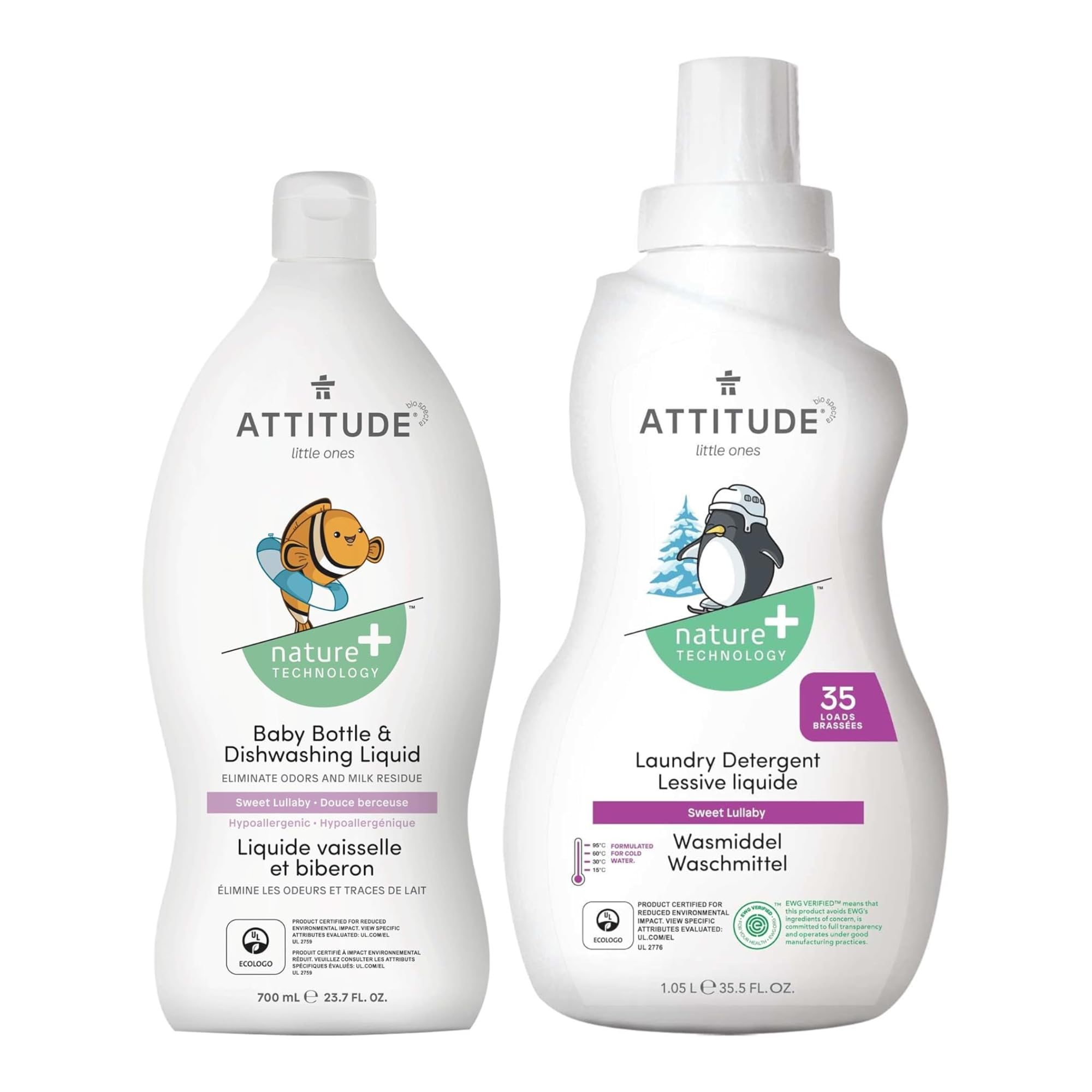 Bundle of ATTITUDE Baby Bottle and Dishwashing Liquid, EWG Verified, Vegan, Sweet Lullaby, 23.7 Fl Oz + Baby Laundry Detergent, EWG Verified, HE Compatible, Sweet Lullaby, 35 Loads, 1.05 Liters