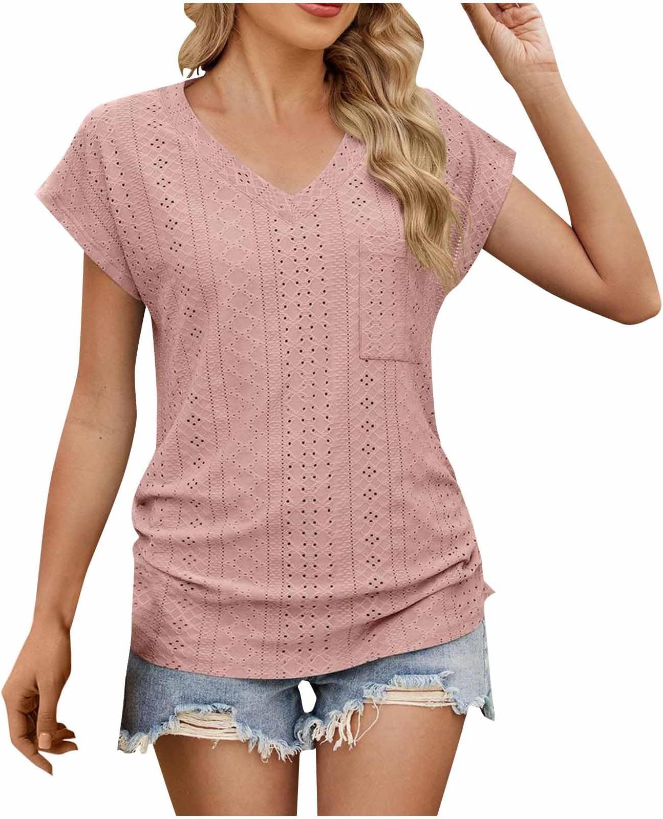 Womens Cap Sleeve Summer Tops V Neck Eyelet Embroidery T Shirts Loose Fit Tunic Blouse Dressy Casual Basic Tee Shirt
