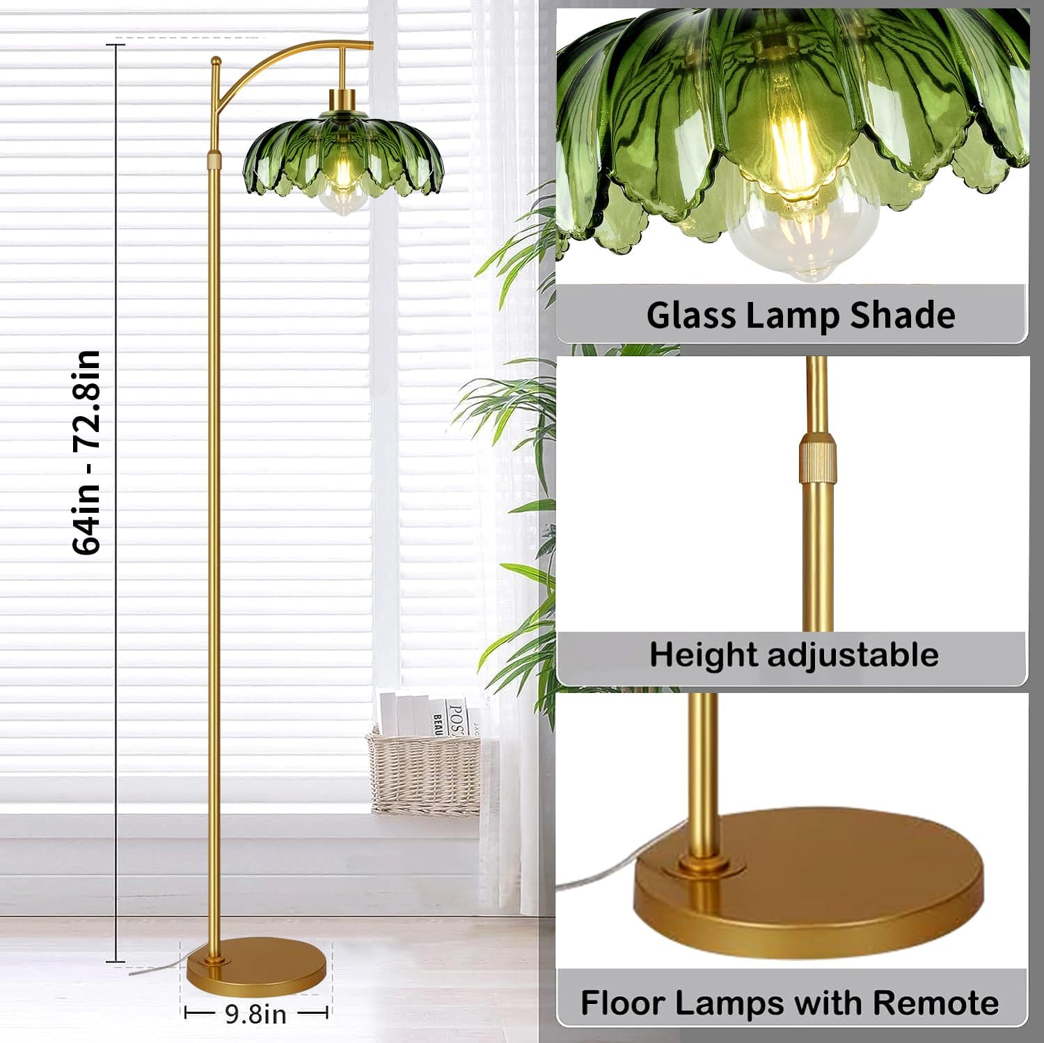 Gold Floor Lamp for Living Room Bedroom with Remote,Unique Vintage Standing Tall Lamp,Mid Century Modern Floor Lamps with Dimmable Bulb,Arc Green Glass Floor Lamps for Office Corner