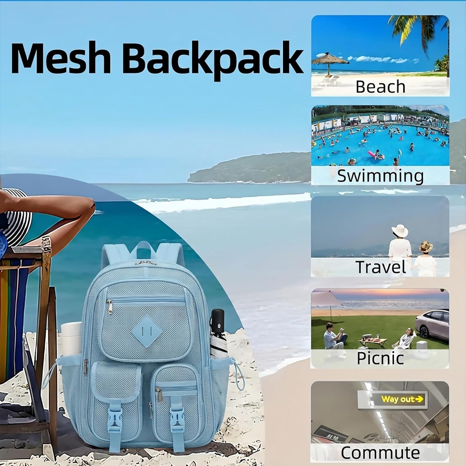 Mesh Backpack for Girls Boys, Women Mesh Bookbags Heavy Duty Semi-Transparent School Bag Net Back Pack for Travel, Beach, Swimming, Work - Baby Blue