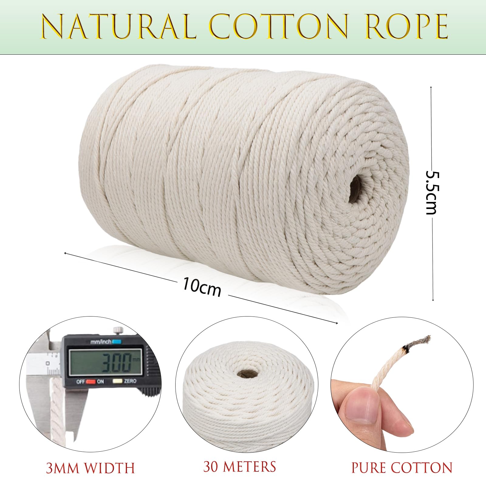 Hilo de macramé de 3 mm x 30 m, 12 unidades de hilo de algodón, cuerda de algodón, hilo de macramé para manualidades, plantas, colgador, decoración bohemia