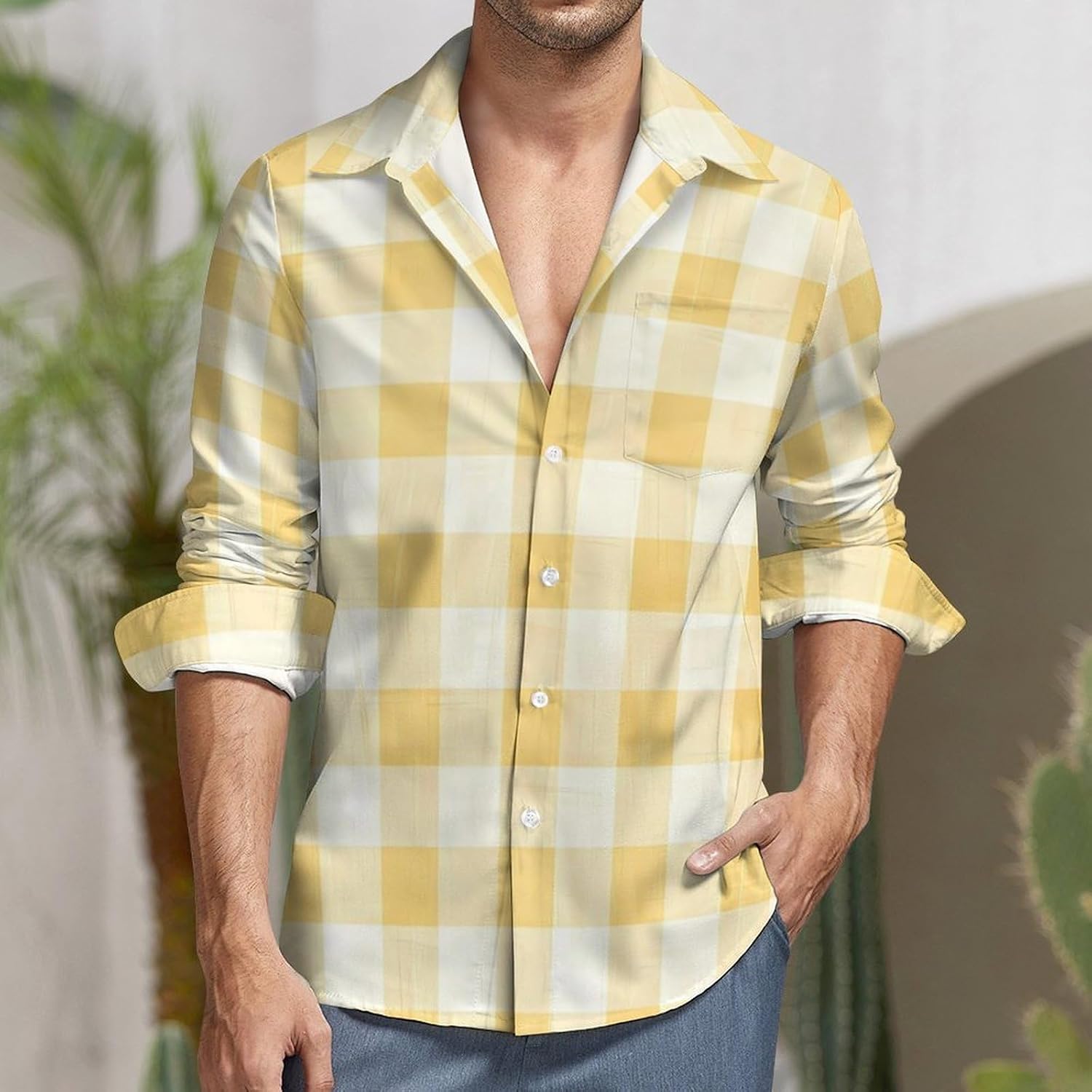 Pastel Lemon Yellow Checked Novelty Men's Long Sleeve Shirts Casual Button Down Shirt Pullover Tops