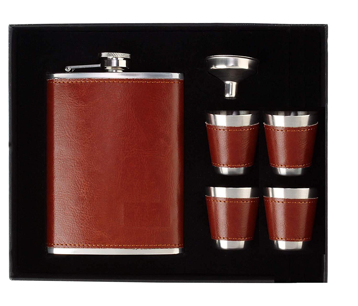 Stainless Steel Hip Flask, Alcohol Drinks Wine Whiskey Holder Bottle Or Liquor Flasks for Men, Alcoholic Beverage Holder 8Oz (236 ml) - Silver (Leather Hip Flask with 4 Shot Glasses)-image-21