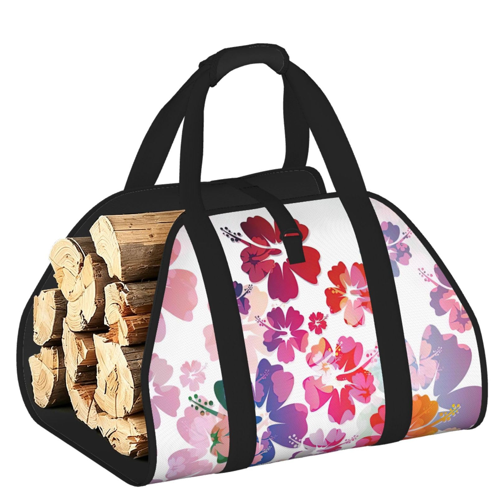 Pphgut Black Hawaiian Flower Print Print Firewood Bag Wood Carrier Transport Sack Camping Picnic Storage Daily Home