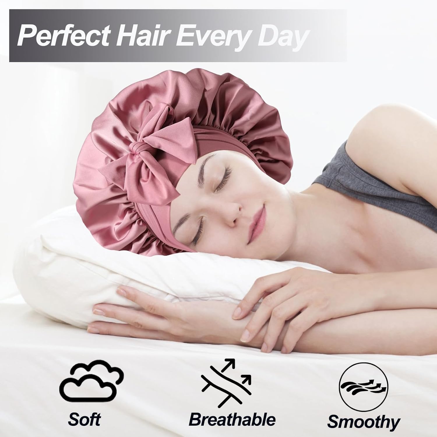 2PCS Silk Bonnet for Women, Satin Bonnet for Sleeping, Large Sleep Cap with Elastic Tie Band for Curly Hair (Bean Paste Pink+Black) - Image 5