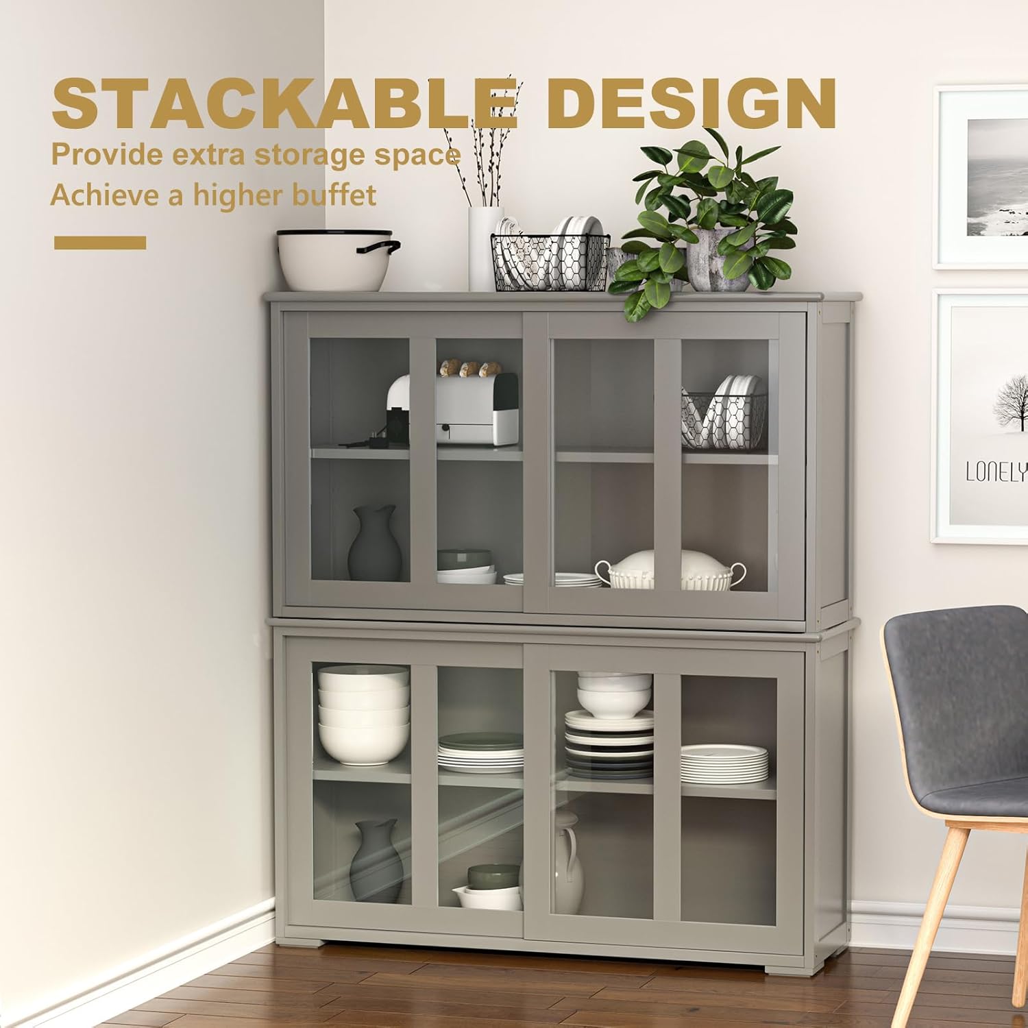 Sideboard Buffet Cabinet, Stackable Cupboard Storage Table with Adjustable Shelf & Glass Sliding Doors, Wooden Credenza Coffee Bar Cabinet for Kitchen/Dining Room/Living Room/Entryway (Grey)