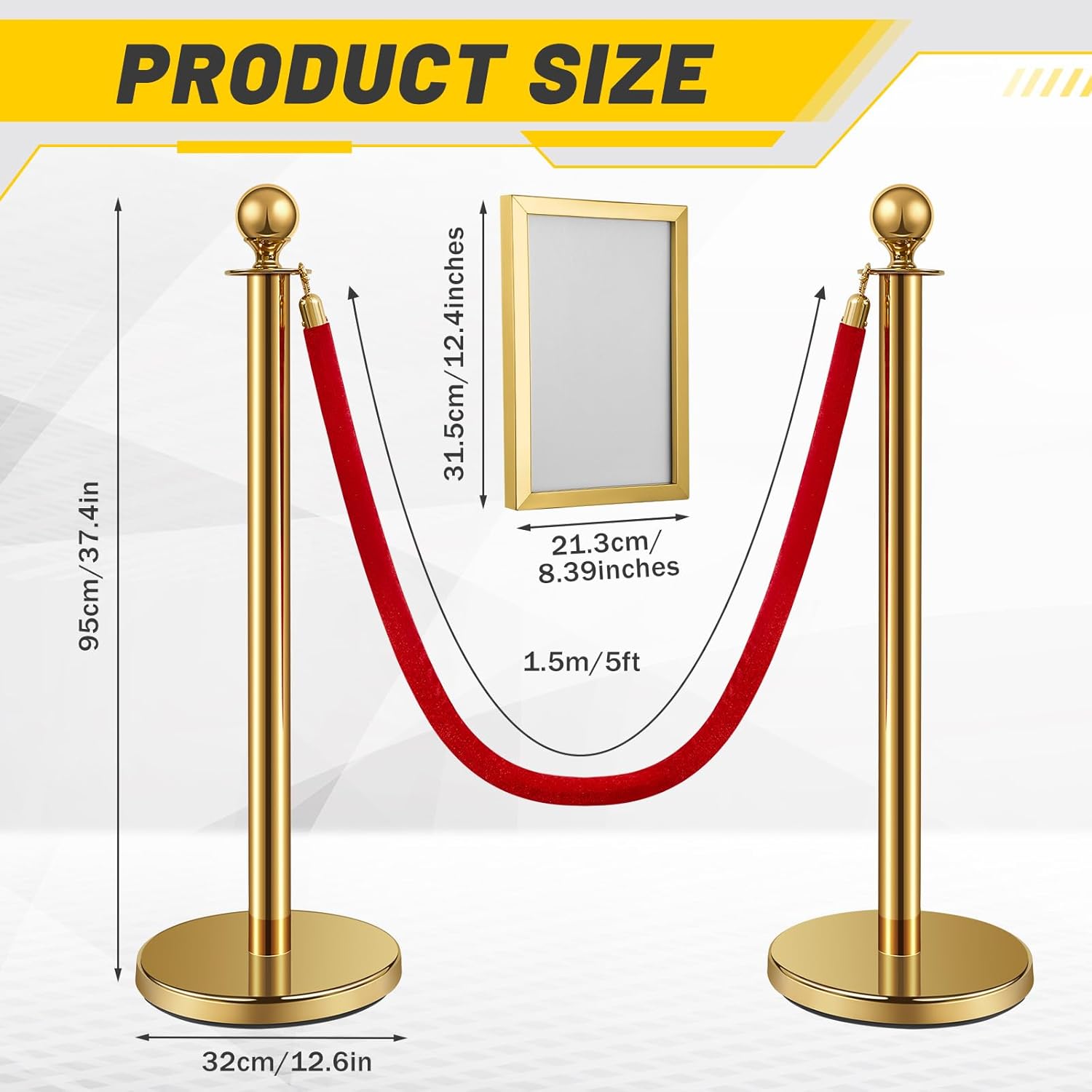 Ferraycle 4 Pcs Stanchion Post, Crowd Control Barriers, 5 ft Red Velvet Rope Red Carpet Ropes and Poles, Stainless Steel Gold Stanchions Used for Theaters, Parties, Wedding, Exhibition