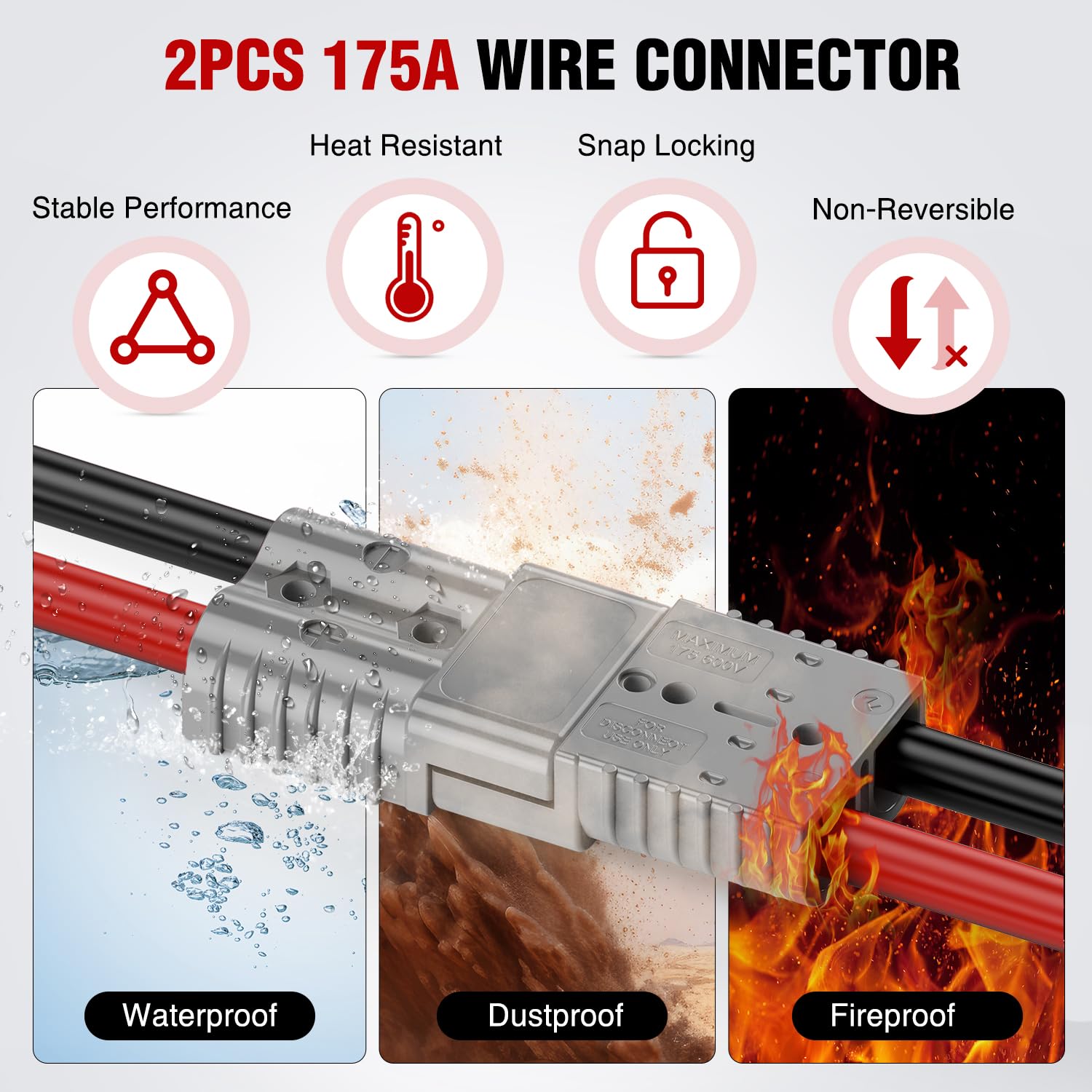 Booso Anderson-Steckerset 175 A – 2x Stecker + 4x 1/0 AWG Klemmen, Für Wohnmobil, Winde, Kran Und Boot, Grau, Flammhemmend