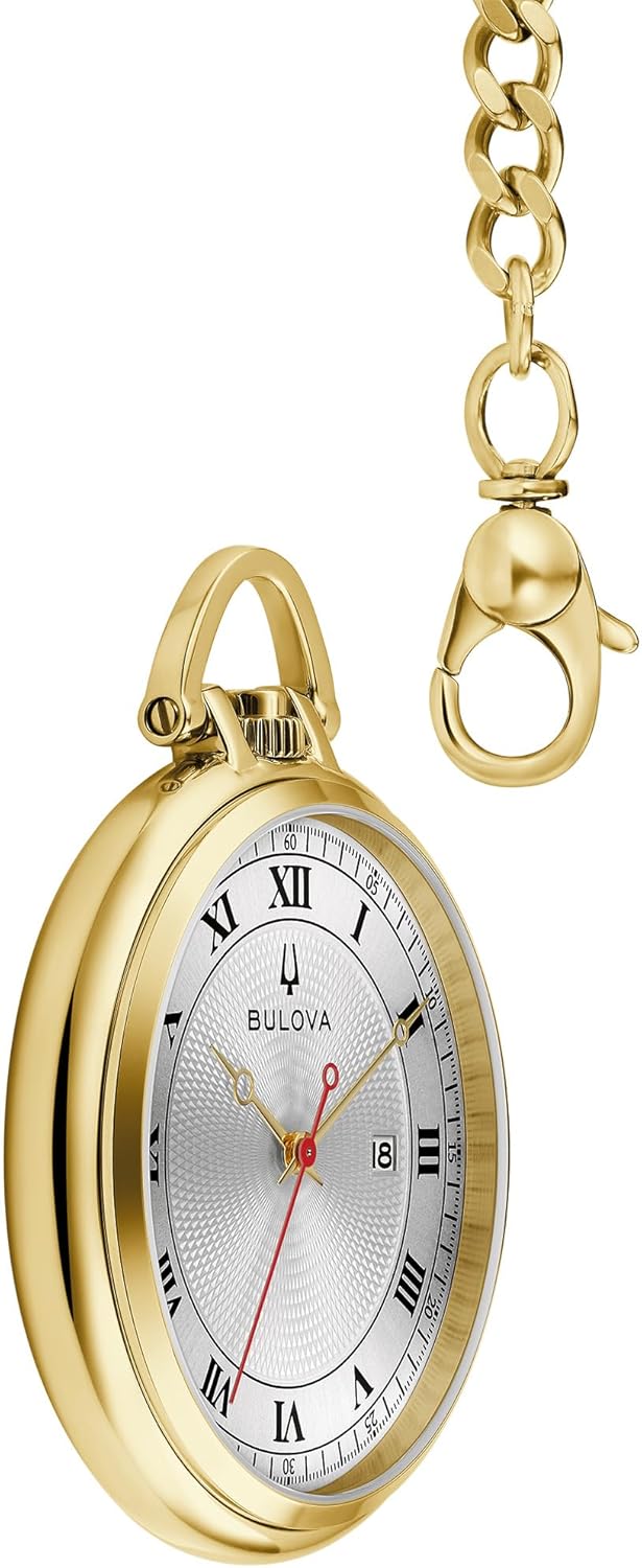 Bulova Classic Pocket Watch 3-Hand Date Quartz Gold Stainless Steel, White Dial with Detachable Chain Style: 97B241