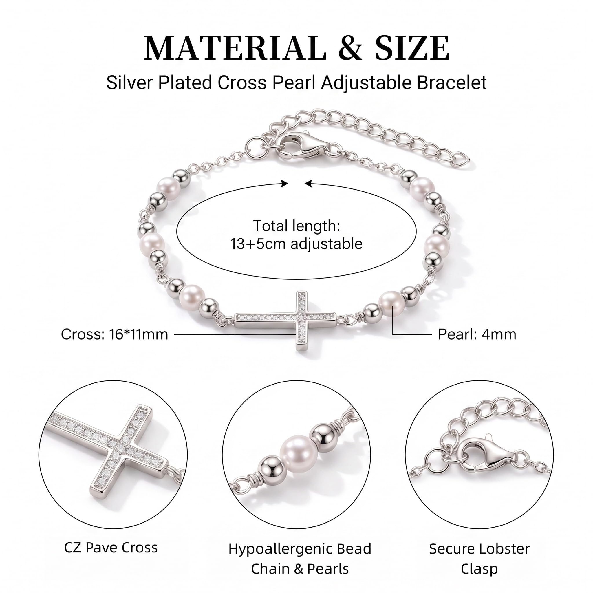 E Kreuz Armband Kinder Mädchen Silber 925 Perlen Taufarmband Verstellbare, Geburtstag Tauf Erstkommunion Konfirmation Geschenk für Mädchen Kinder