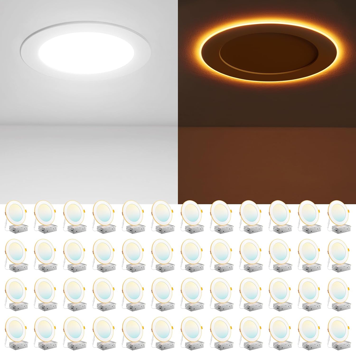 Amico 48 Pack 4 Inch 5CCT LED Recessed Ceiling Light with Night Light, 2700K/3000K/3500K/4000K/5000K Selectable Ultra-Thin Recessed Lighting, 10W=90W, 700LM, Dimmable Canless Wafer Downlight ETL&FCC