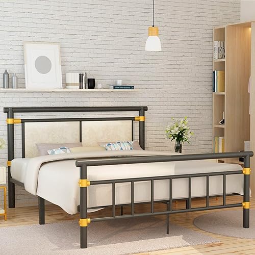 Recaceik Queen Size Metal Platform Bed Frame with Upholstered Headboard and Footboard, Mattress Foundation, No Box Spring Needed, Under Bed Storage, Non-Slip Without Noise