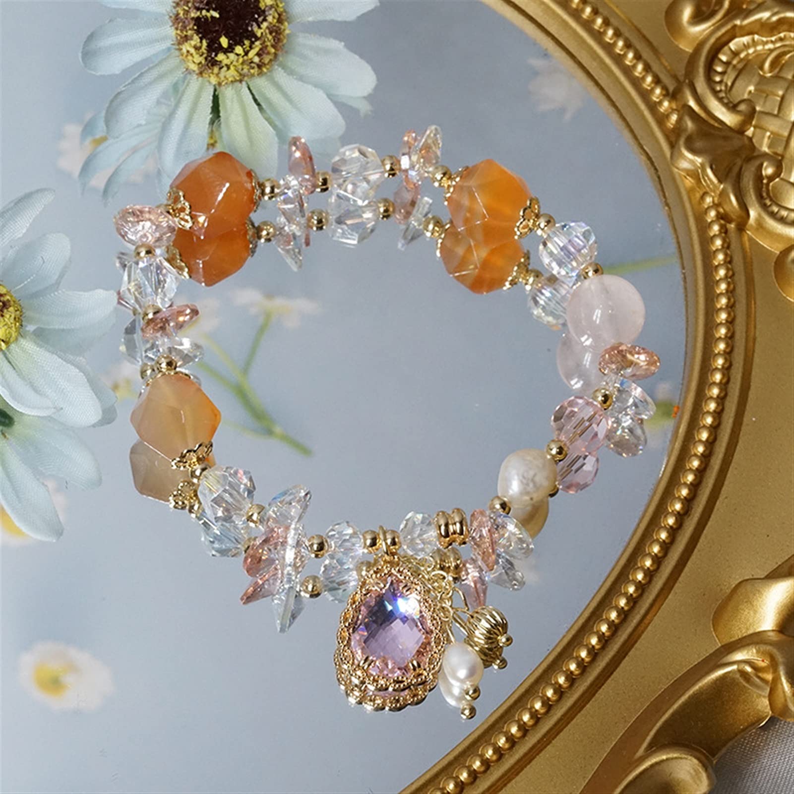 Bohemia Colgante de Gota de Agua Perlas Naturales de Agua Dulce Color Caramelo Cuentas de Piedra de Cristal Pulseras para Mujeres joyería de Moda Pulsera joyería